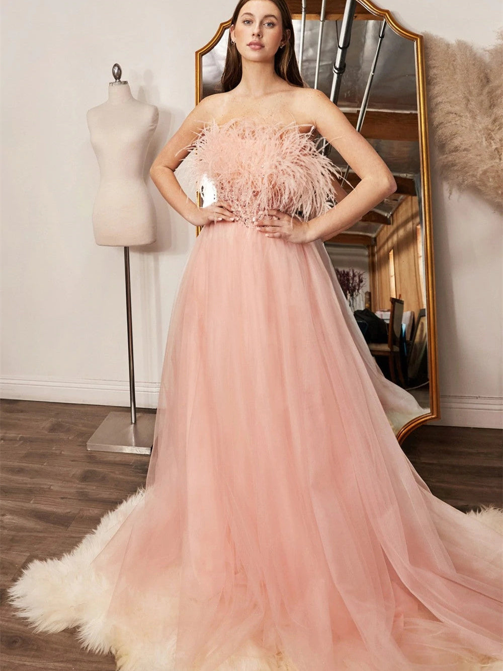 Feather Trim Strapless Tulle A-Line Ball Gown