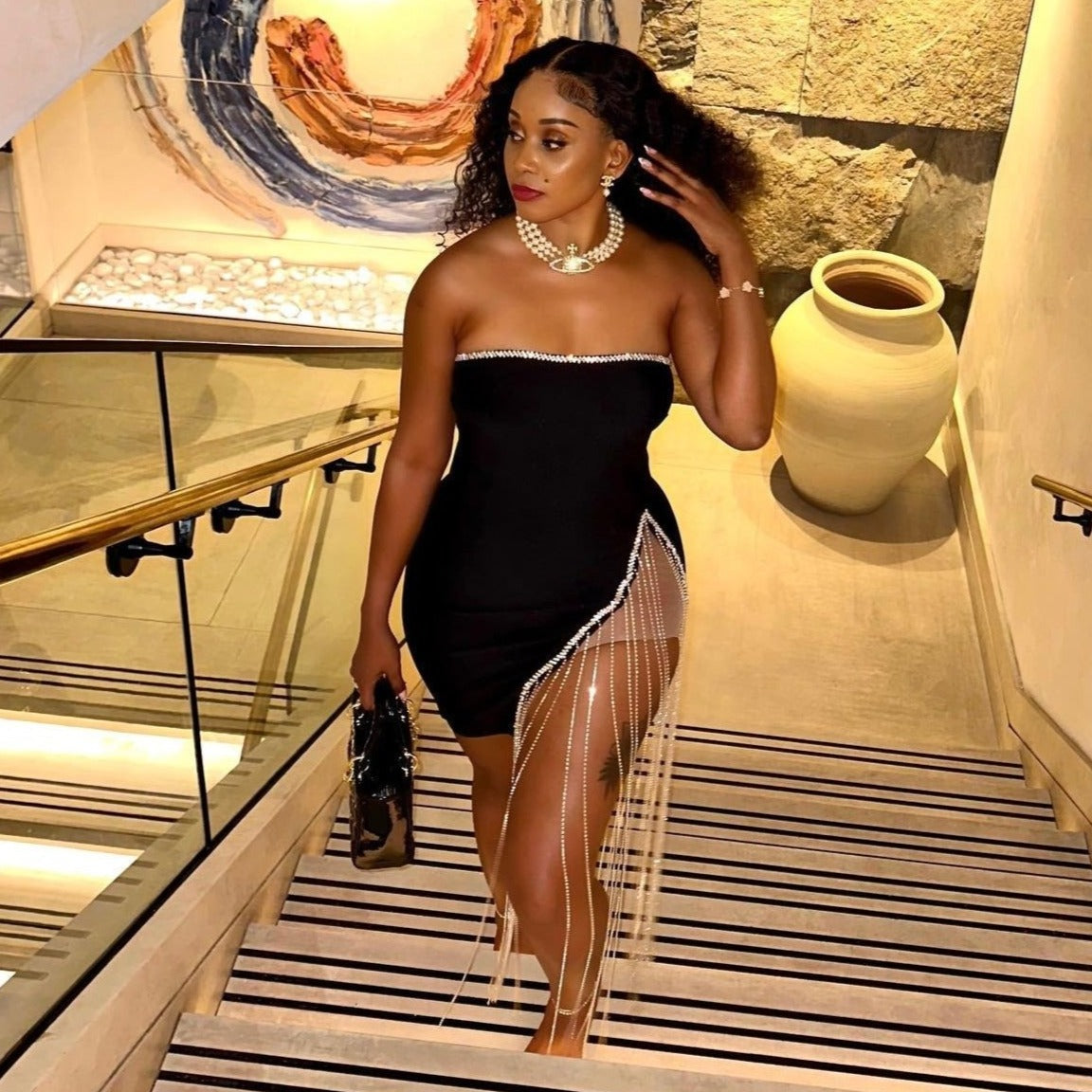 Strapless Rhinestone Trim High Split Bodycon Mini Dress