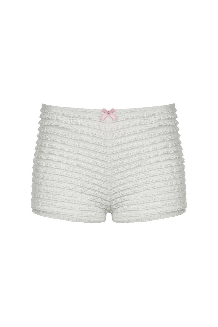 Sweet Bow Trim Low Rise Lace Tiered Ruffle Booty Micro Bloomer Shorts - Fashionpara