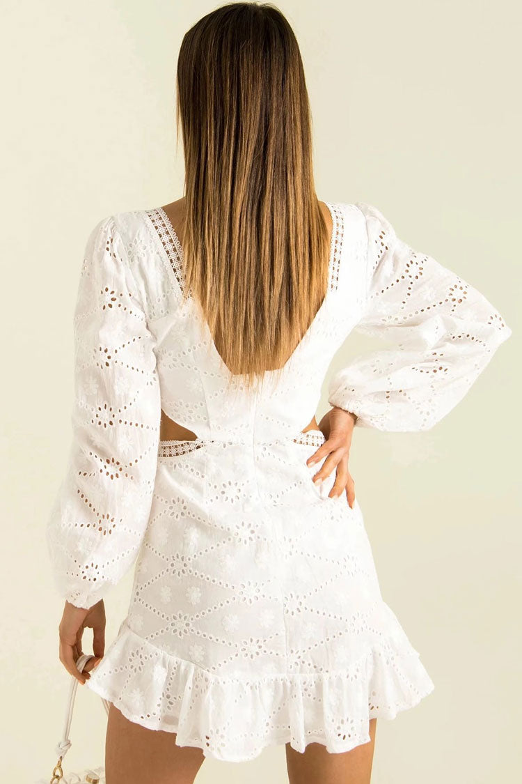 Sweet Broderie Anglaise Deep V Cutout Long Sleeve Mini Dress - White Fashionpara