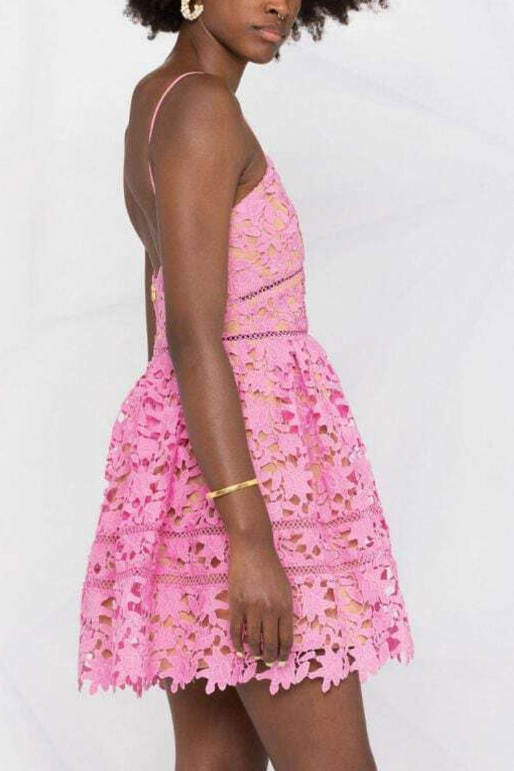 Sweet Floral Spaghetti Strap Guipure Lace Mini Dress - Bubblegum Pink Fashionpara