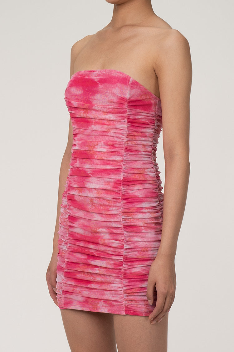 Sweet Floral Tie Dye Print Strapless Ruched Bodycon Mesh Party Mini Dress - Fashionpara
