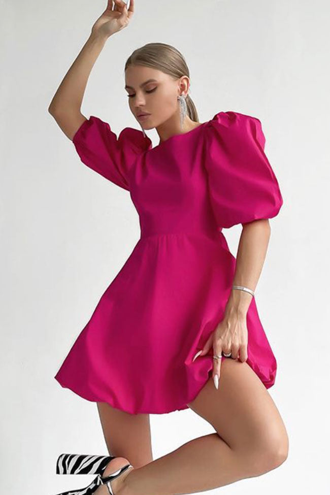 Sweet Round Neck Puff Sleeve Fit and Flare Backless Mini Dress - Hot Pink - Fashionpara