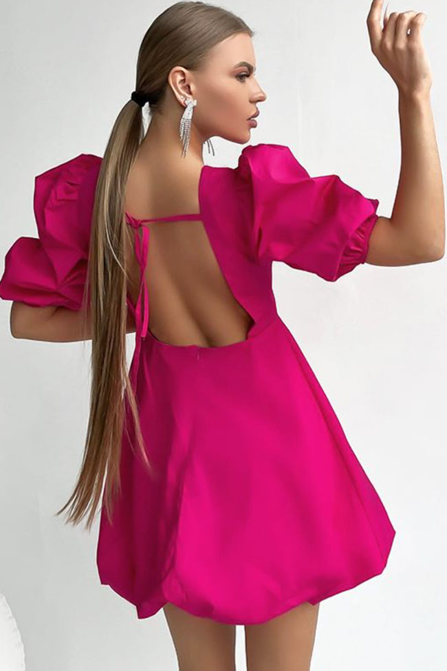 Sweet Round Neck Puff Sleeve Fit and Flare Backless Mini Dress - Hot Pink - Fashionpara