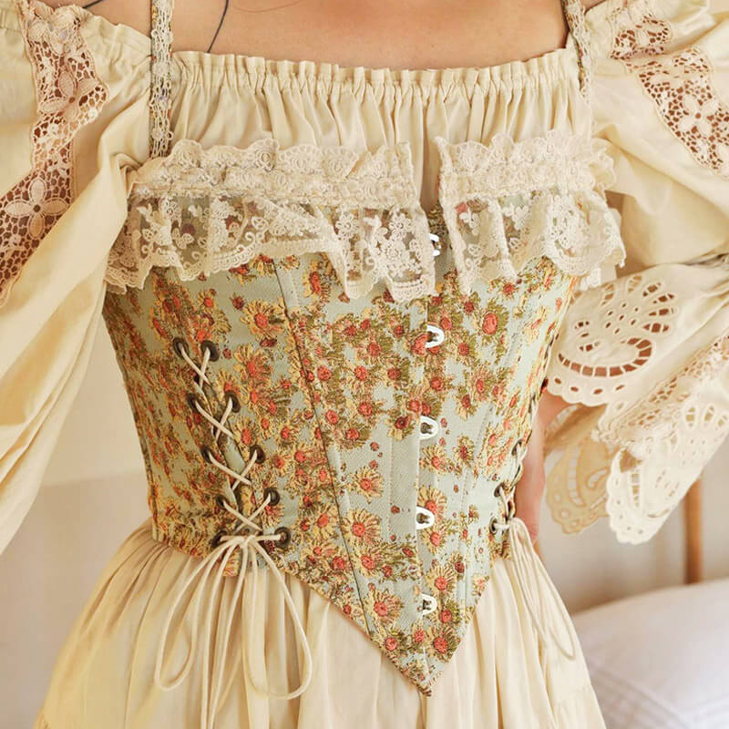 Sweet Ruffled Hook and Eye Lace Up Side Floral Crop Corset Top - Green - Fashionpara
