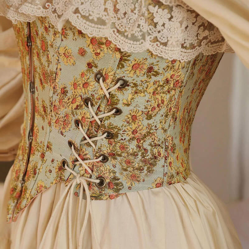 Sweet Ruffled Hook and Eye Lace Up Side Floral Crop Corset Top - Green - Fashionpara