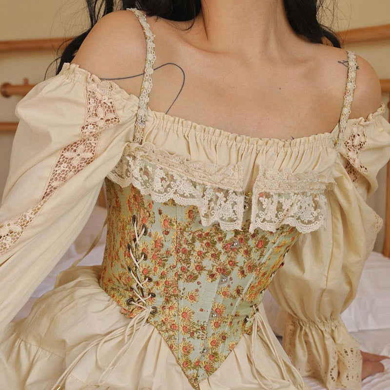 Sweet Ruffled Hook and Eye Lace Up Side Floral Crop Corset Top - Green - Fashionpara