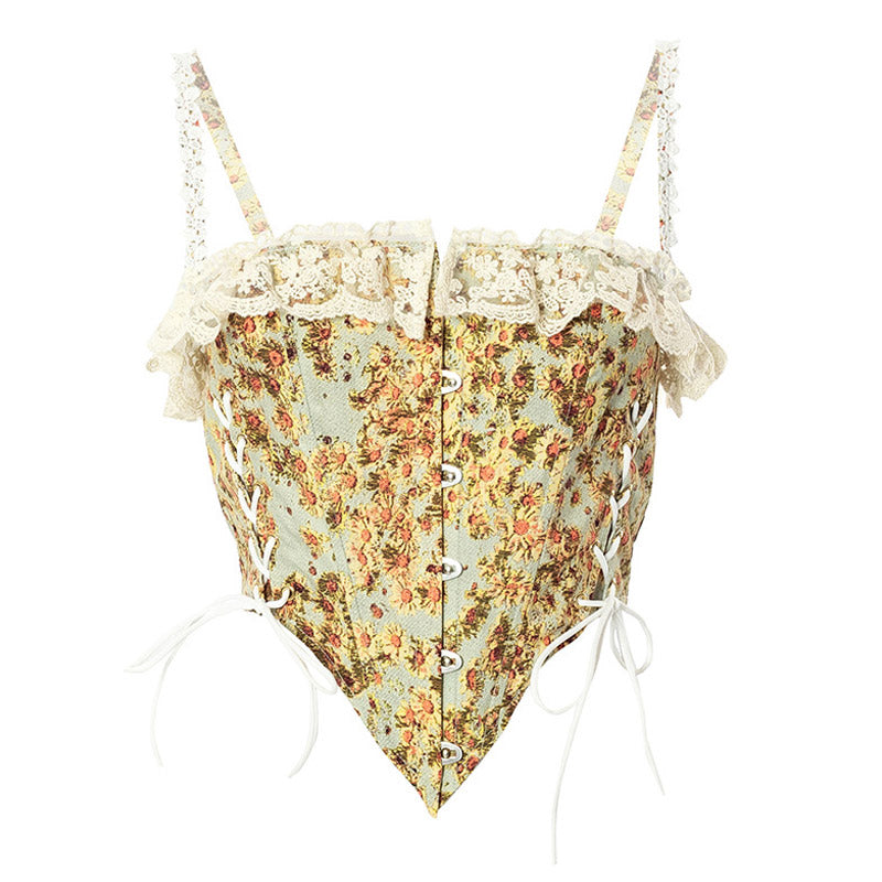 Sweet Ruffled Hook and Eye Lace Up Side Floral Crop Corset Top - Green - Fashionpara