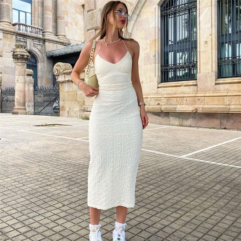 Textured Halter Neck Sleeveless Low Back Midi Dress