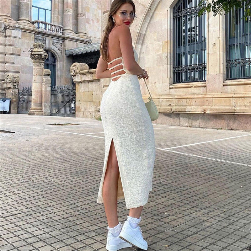 Textured Halter Neck Sleeveless Low Back Midi Dress 2