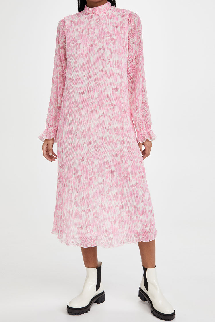 Floral Print High Neck Long Sleeve Pleated A Line Midi Dress