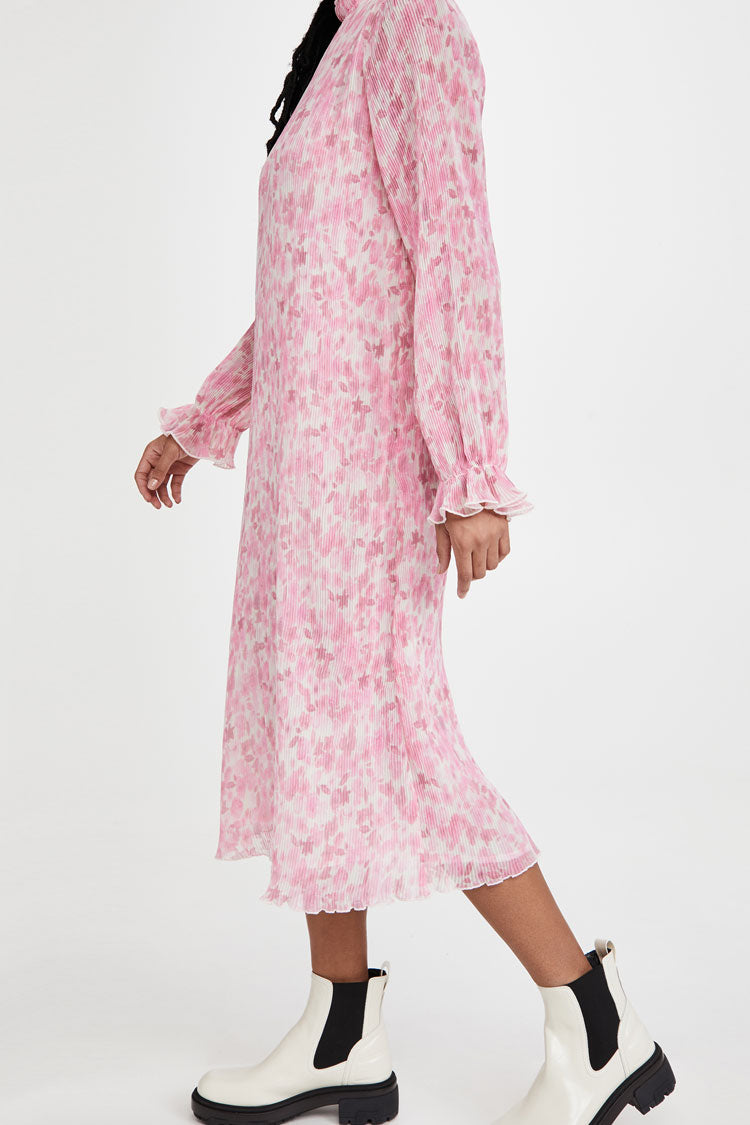 Floral Print High Neck Long Sleeve Pleated A Line Midi Dress 2