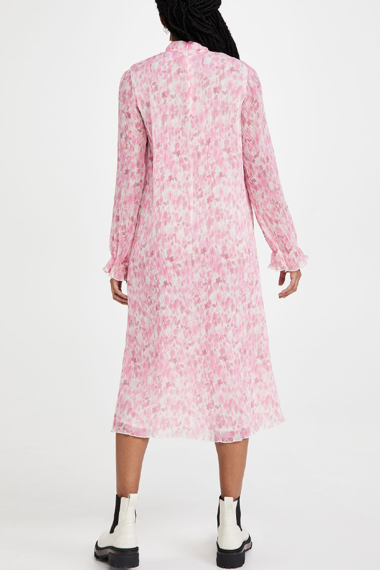 Floral Print High Neck Long Sleeve Pleated A Line Midi Dress 3