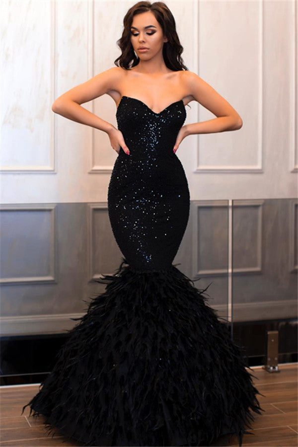 Sweetehart Sequins Black Prom Dress Mermaid With Feather - Fashionpara