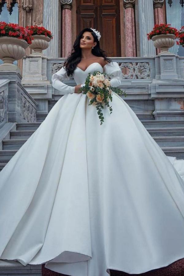 Sweetheart Ball Gown Satin Wedding Dress With Detachable Sleeves - Fashionpara