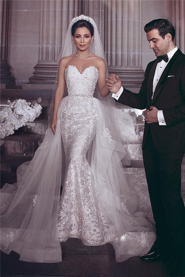 Sweetheart Lace Mermaid Wedding Dress Overskirt - Fashionpara