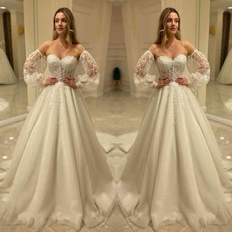 Sweetheart Lace Wedding Dress Detachable Sleeves - Fashionpara