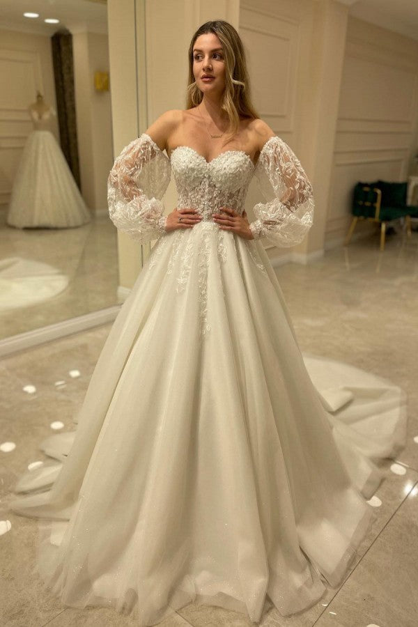 Sweetheart Lace Wedding Dress Detachable Sleeves - Fashionpara