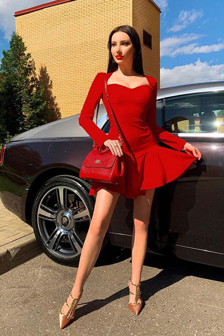 Sweetheart Long Sleeve Winter Ruffle Bandage Knit Mini Dress - Red Fashionpara
