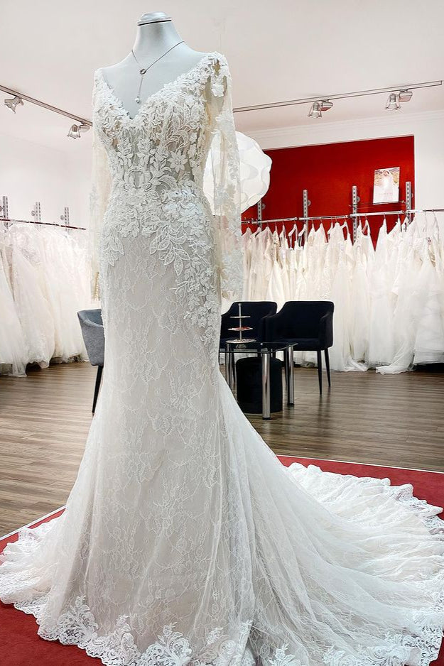 Sweetheart Long Sleeves Tulle Ivory Mermaid Wedding Dresses - Fashionpara