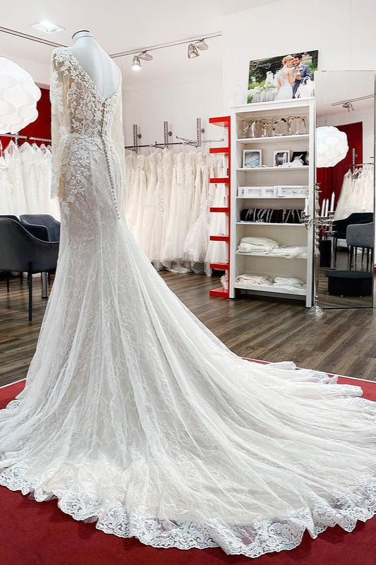 Sweetheart Long Sleeves Tulle Ivory Mermaid Wedding Dresses - Fashionpara