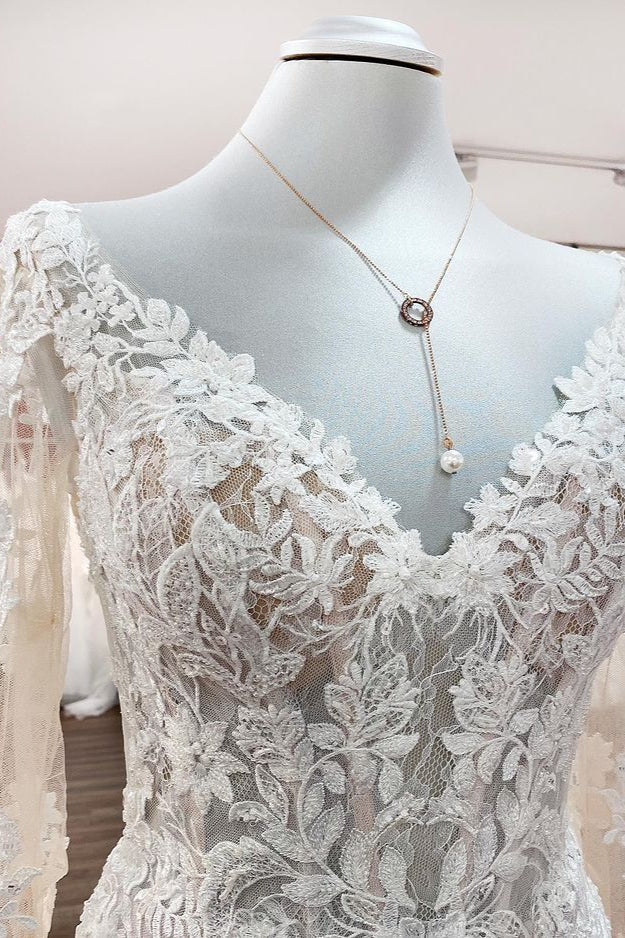 Sweetheart Long Sleeves Tulle Ivory Mermaid Wedding Dresses - Fashionpara