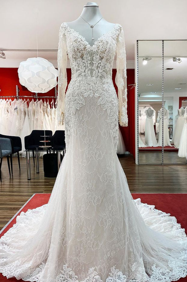 Sweetheart Long Sleeves Tulle Ivory Mermaid Wedding Dresses - Fashionpara
