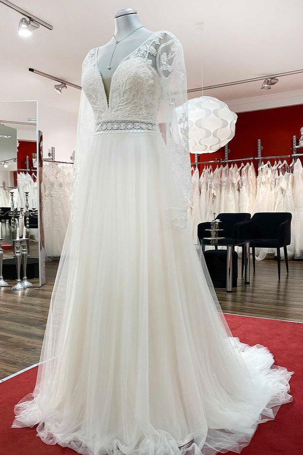 Sweetheart Tulle Beadings Lace Appliques Wedding Dresses With Long Sleeves - Fashionpara