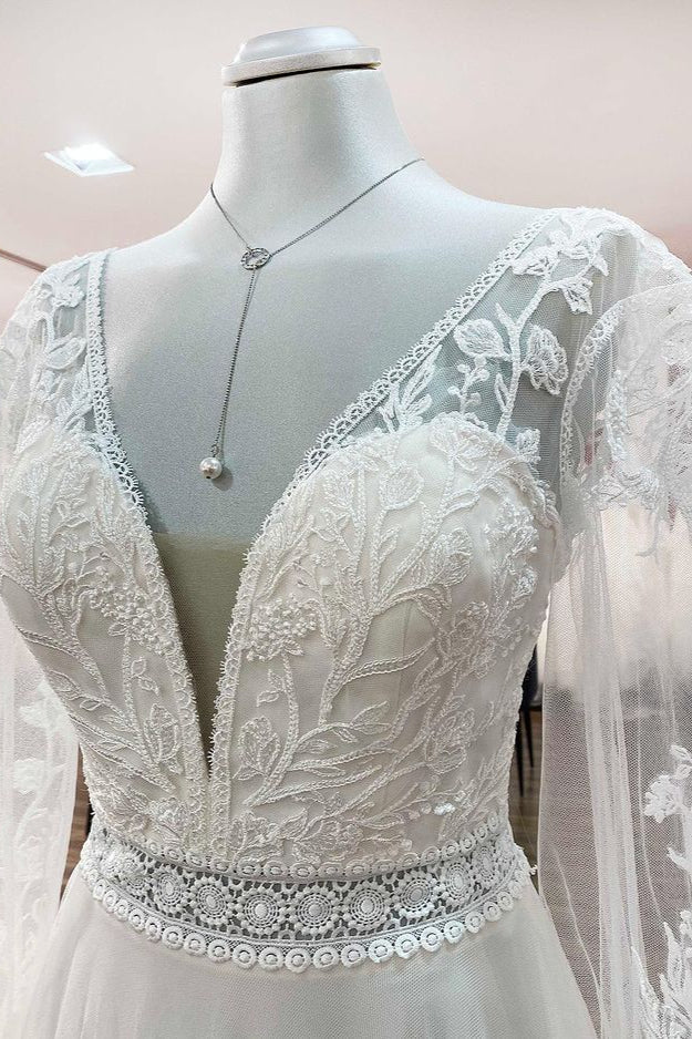 Sweetheart Tulle Beadings Lace Appliques Wedding Dresses With Long Sleeves - Fashionpara