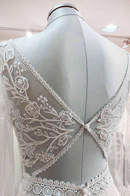 Sweetheart Tulle Beadings Lace Appliques Wedding Dresses With Long Sleeves - Fashionpara