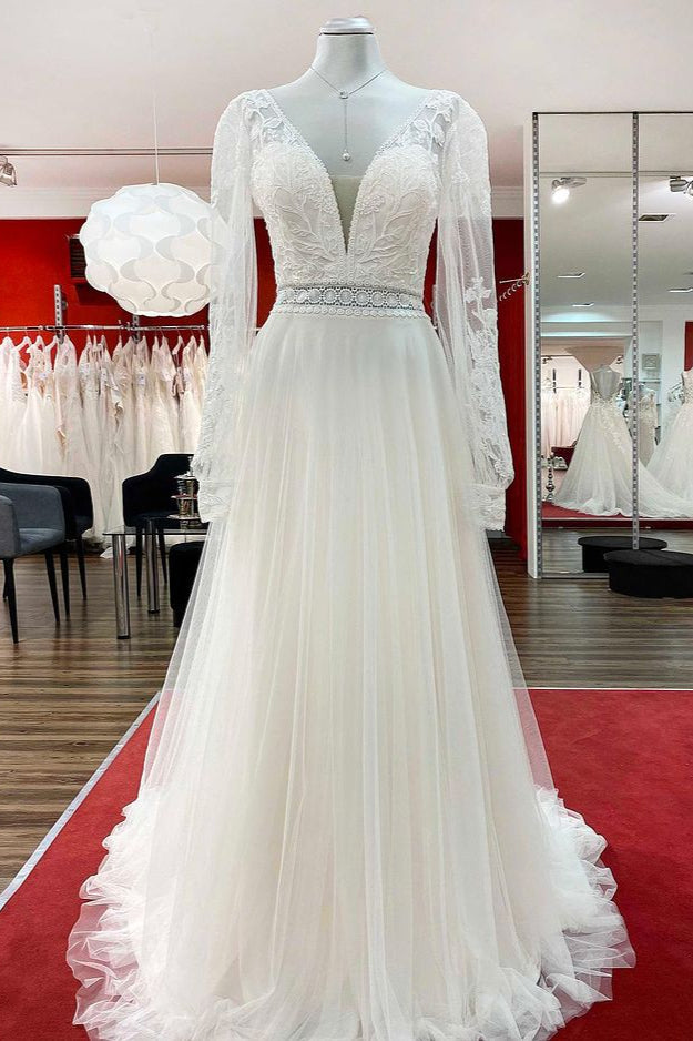 Sweetheart Tulle Beadings Lace Appliques Wedding Dresses With Long Sleeves - Fashionpara
