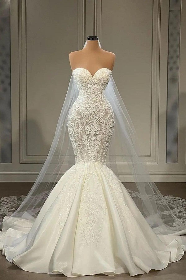 Sweetheart Wedding Dress Mermaid Long With Appliques Beads - Fashionpara