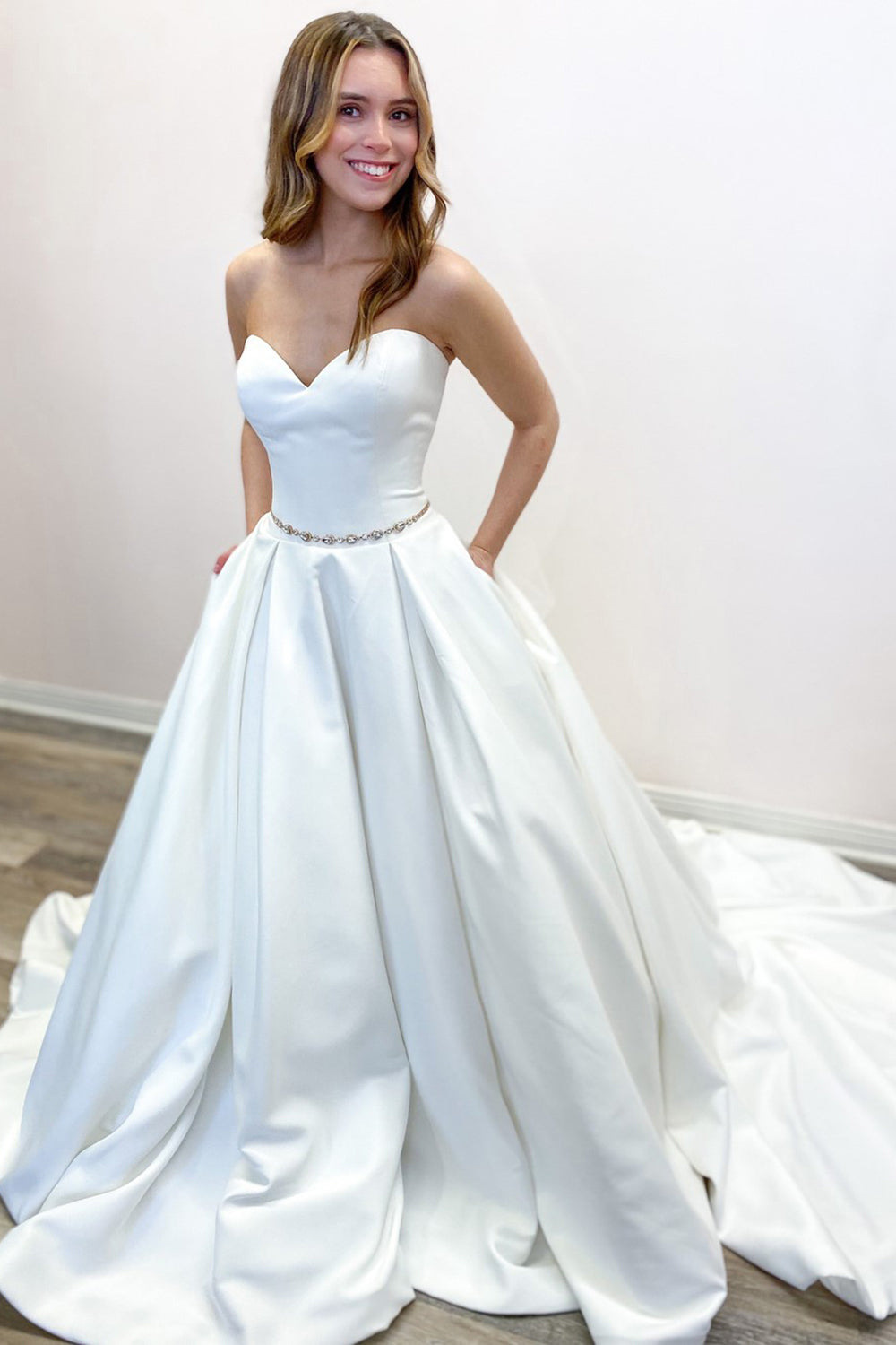 Sweetheart White Wedding Dress Satin Princess With Pockets - Fashionpara
