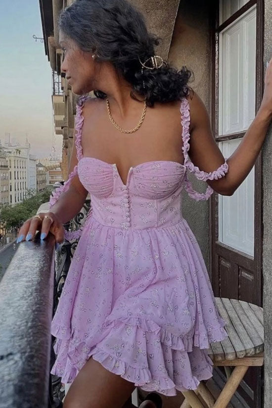 Swingy Bustier Layered Ruffle Floral Printed Mini Sundress - Lilac  Fashionpara