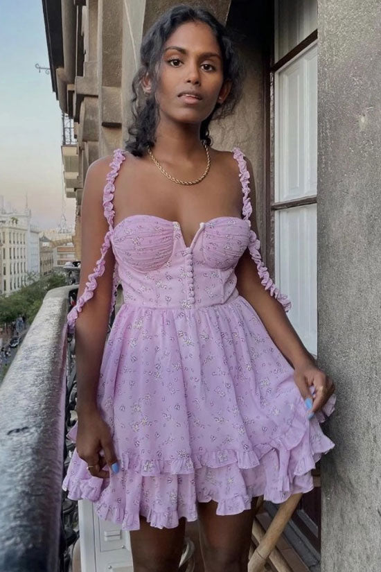 Swingy Bustier Layered Ruffle Floral Printed Mini Sundress - Lilac  Fashionpara