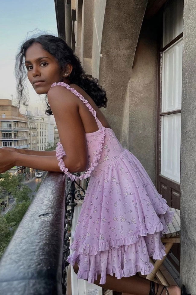 Swingy Bustier Layered Ruffle Floral Printed Mini Sundress - Lilac  Fashionpara