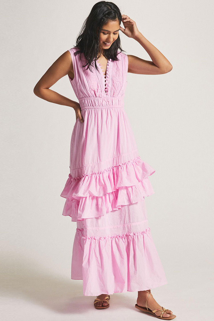 Swingy Buttoned Sleeveless Beach Vacation Ruffle Tiered Maxi Sundress - Pink  Fashionpara