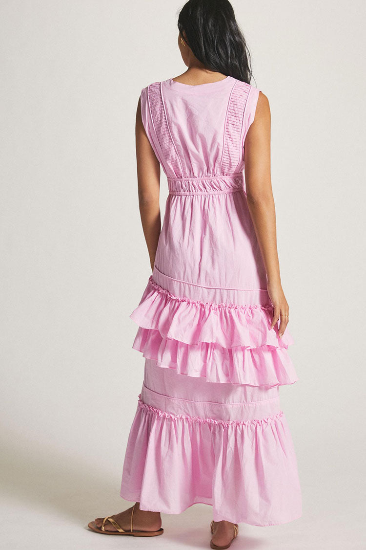 Swingy Buttoned Sleeveless Beach Vacation Ruffle Tiered Maxi Sundress - Pink  Fashionpara