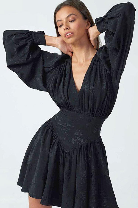 Floral Jacquard V-Neck Long Sleeve Fit & Flare Mini Dress
