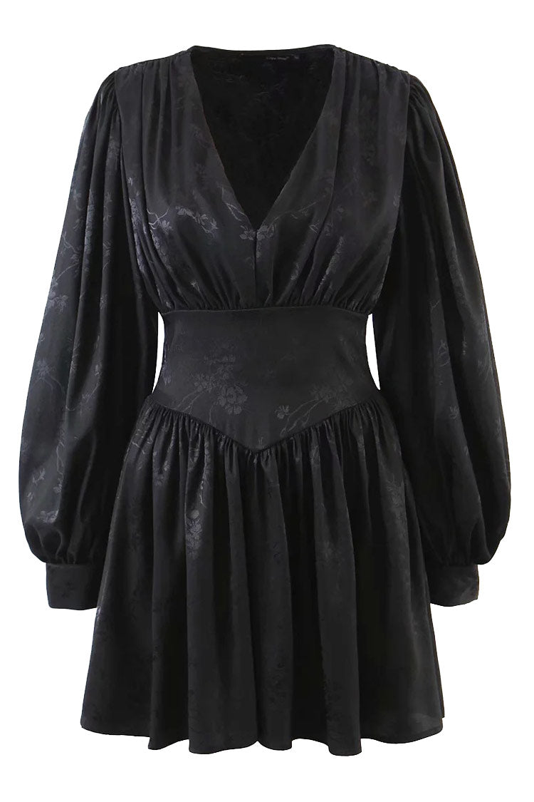 Swingy Floral Jacquard Fit & Flare Long Sleeve Mini Dress - Black Fashionpara