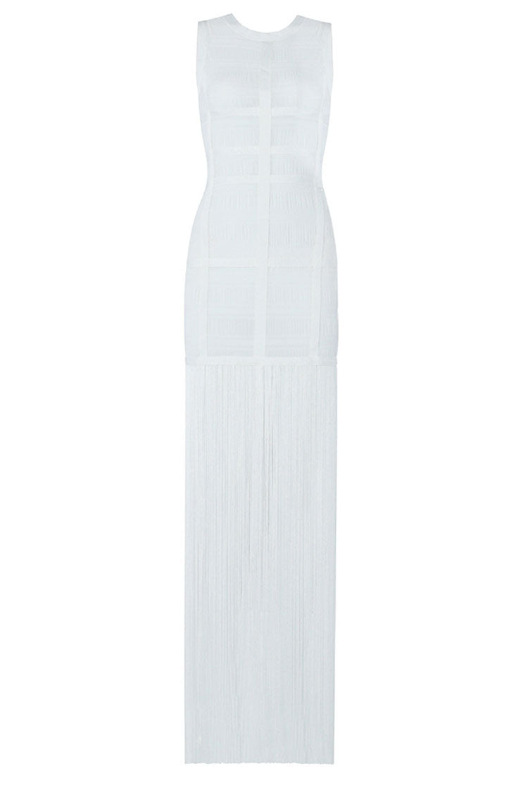 Swingy Fringe Round Neck Sheer Tulle Bandage Sleeveless Maxi Dress - White Fashionpara