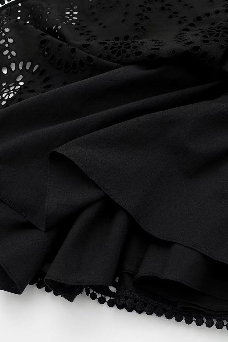 Swingy Sweetheart Floral Openwork Fit & Flare Summer Mini Sundress - Black - Fashionpara