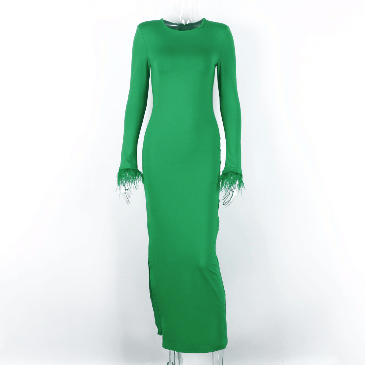 KittenAlarm - Tahini Solid Long Sleeve Feather Cuff Maxi Dress
