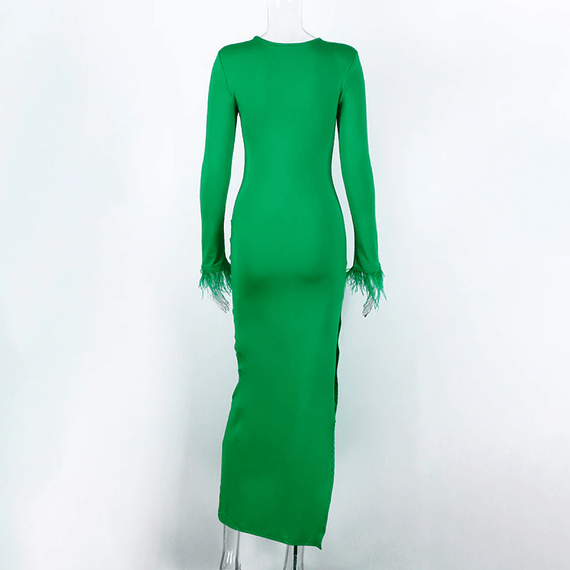 KittenAlarm - Tahini Solid Long Sleeve Feather Cuff Maxi Dress