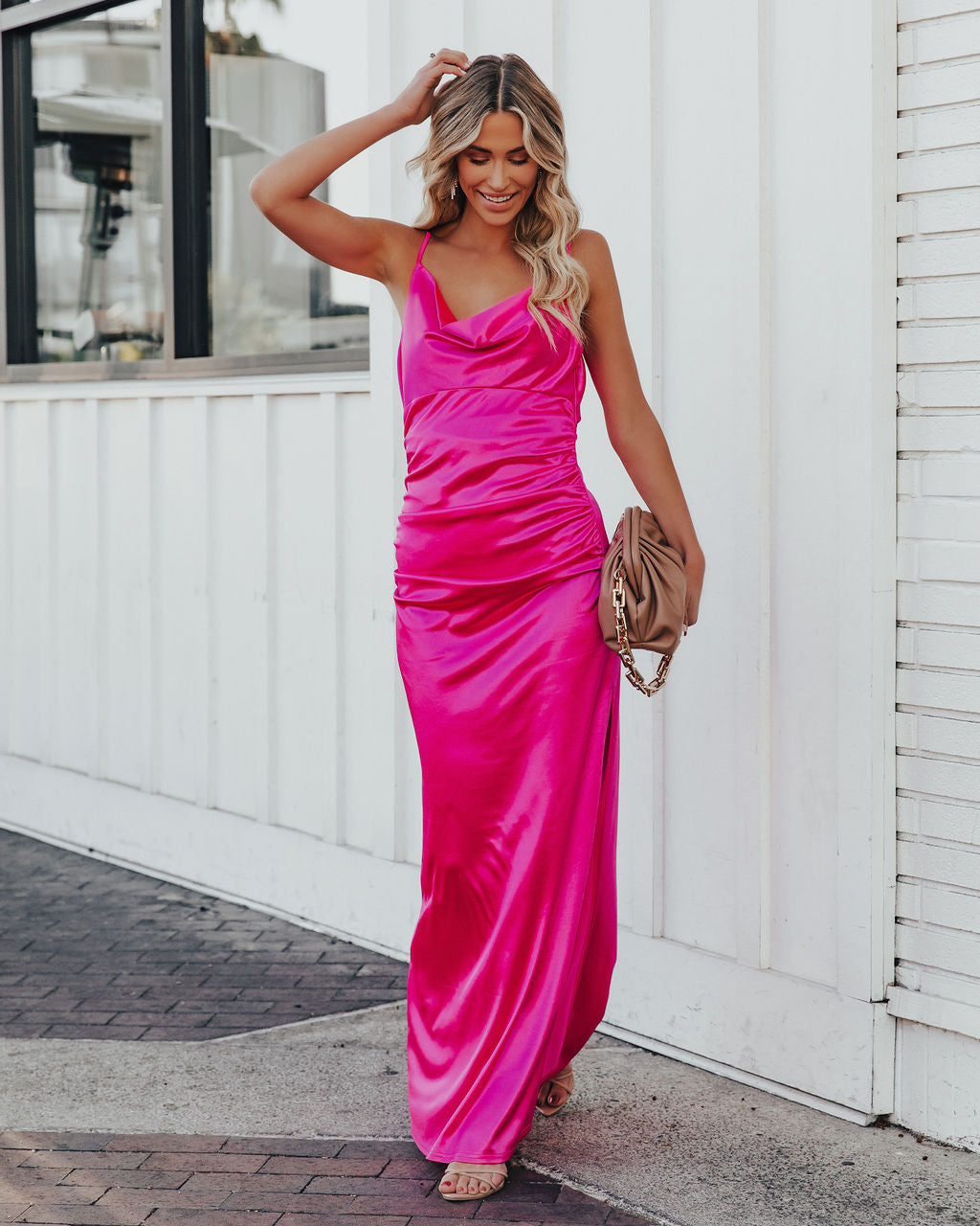 Take Care Satin Cowl Neck Maxi Dress - Fuchsia - FINAL SALE