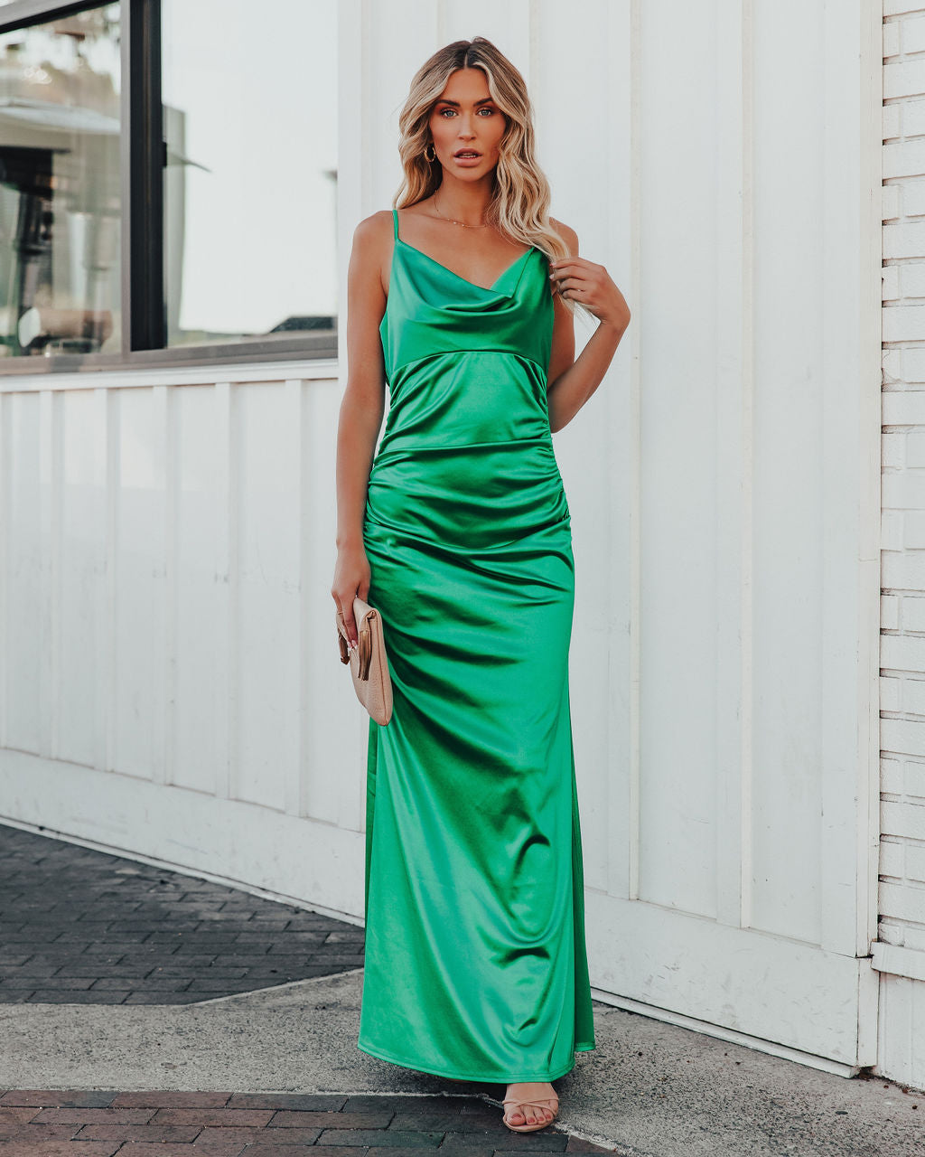 Satin Cowl Neck Spaghetti Strap Ruched Maxi Dress