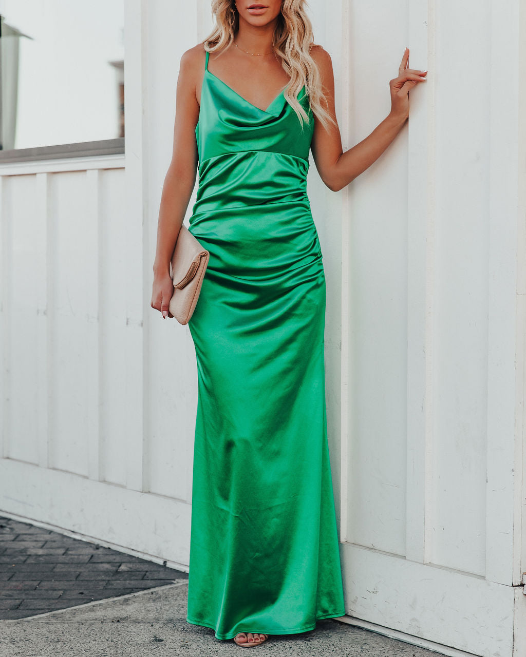 Satin Cowl Neck Spaghetti Strap Ruched Maxi Dress