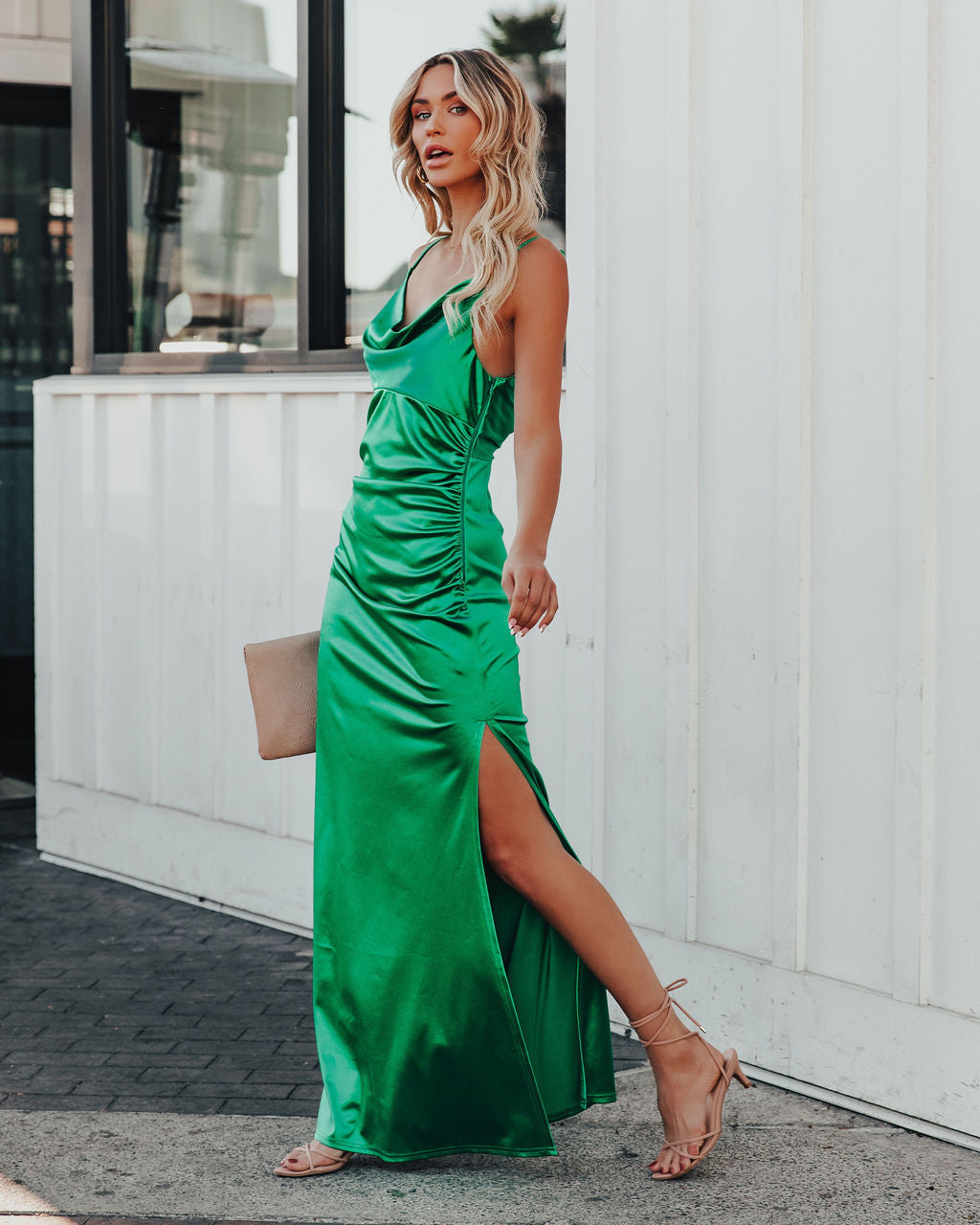 Satin Cowl Neck Spaghetti Strap Ruched Maxi Dress