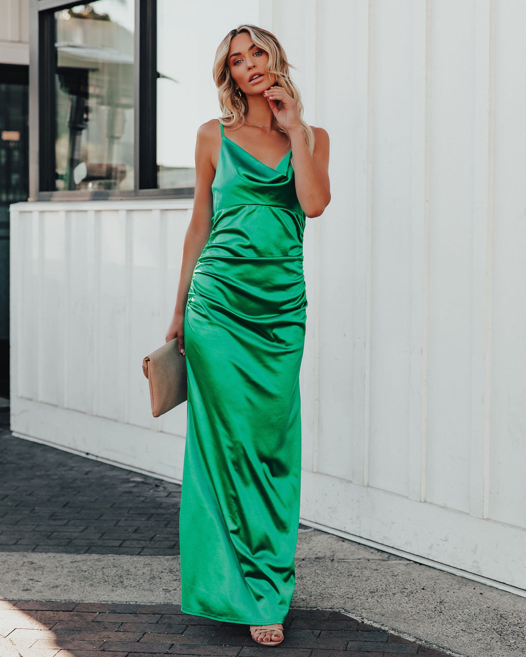 Satin Cowl Neck Spaghetti Strap Ruched Maxi Dress
