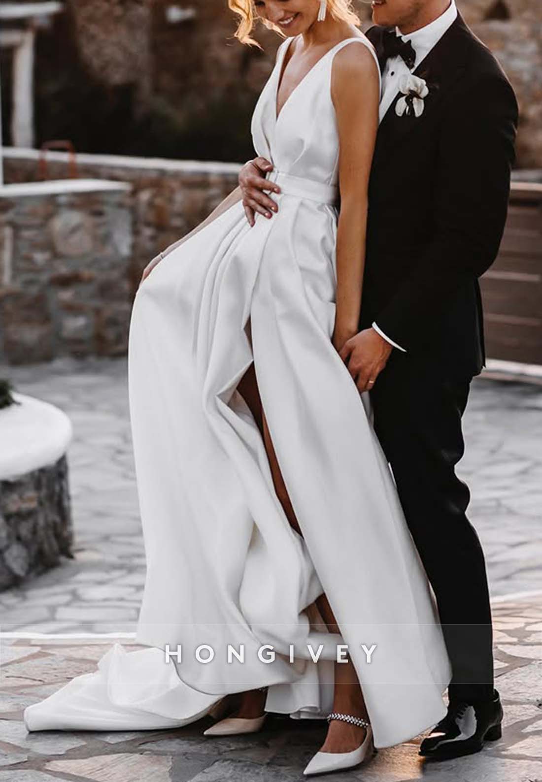 High Slit Court Train V Neck A-line Waistband Cap Straps V Back Wedding Dresses